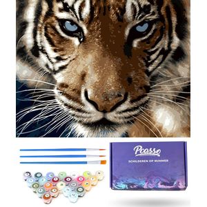 Pcasso ® Tijger Met Blauwe Ogen – Schilderen Op Nummer – Incl. 3 Penselen En Geschenkverpakking - Schilderen Op Nummer Dieren - Schilderen Op Nummer Volwassenen & Kinderen – Canvas Schilderdoek – Kleuren Op Nummer - 40x50 cm