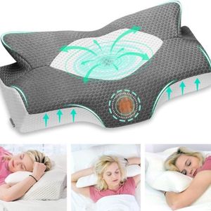 Hoofdkussen voor Nekklachten - 100% Premium Traagschuim - Orthopedisch Kussen voor Nekpijn - Ergonomisch - Twee Hoogtes - Afneembare & Ademende Kussensloop - Donkergrijs