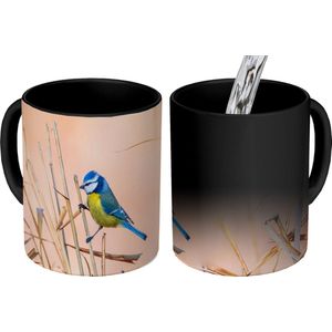 Magische Mok - Foto op Warmte Mokken - Koffiemok - Vogel - Pimpelmees - Riet - Magic Mok - Beker - 350 ML - Theemok