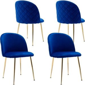 Set van 4 Eetkamer stoelen - Blauwfluwelen Stoelen - Woonkamer stoelen - Gestoffeerde Stoelen Met Rugleuning - Fauteuil - Gouden Poten