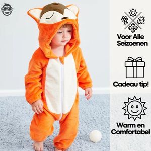 BoefieBoef Foxy Fox Dieren Onesie & Pyjama voor Baby & Dreumes en Peuter tm 18 maanden - Kinder Verkleedkleding - Dieren Kostuum Pak Oranje
