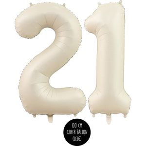 Cijfer Helium Folie ballon XL - 21 jaar cijfer - Creme - Satijn - Nude - 100 cm - leeftijd 21 jaar feestartikelen verjaardag