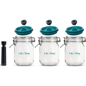 Kilner® & Airtender Vacuüm Weckpotten Set – 1,5L – 3 Stuks met Vacuümpomp – 5x langer Vershouden, Sneller Fermenteren & Inmaken