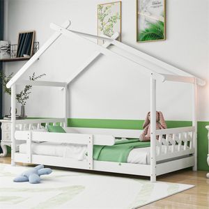 Sweiko Kinderbed, Familiebed, 90x190cm, Huisstijl, Massief houten grille en plat noedelsframe, valbescherming voor kinderen en adolescenten, Wit (zonder matras)