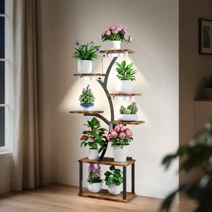 unho 7-laags plantenstandaard met groeilamp - Hoge plantenplank voor binnen met timer en dimfunctie - Volledig spectrumlicht - Houten en metalen plantenrek - Hoekbloemenstandaard voor woonkamer en terras