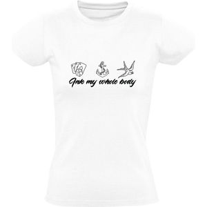 Ink my wholy body | Dames T-shirt | Wit | Inkt mijn hele lichaam | Tattoo | Tatoeage | Inked | Kaarten | Anker | Vogel