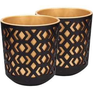 PolkaHome Matte Bloempotten Set van 2 - Moderne Decoratieve Plantenpotten voor Binnen en Balkon - Duurzame Kunststof Bloempotten in Zwart/Goud - Diameter 14 cm