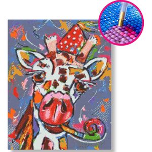 Feestelijke giraf | Diamond painting | 80x100cm | Vierkante steentjes | Op frame gespannen | Vrolijk Schilderij | Corrie Leushuis