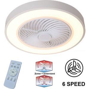 Plafondventilator Fiato Ø 50 cm - metalen ventilator - ventilator voor laag/schuin plafond - top kwaliteit - stil - energie zuinig - 6 snelheden - warm wit licht 2700 Kelvin - 3 step dim - zomer en winter stand - wit