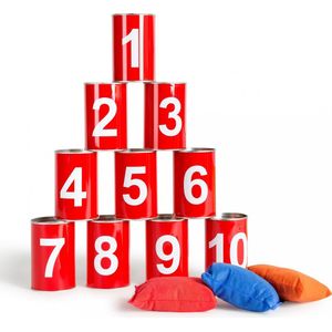 BS Toys Blikgooien Werpspel - Speelgoed Pittenzak Gooien - Kinderspeelgoed vanaf 3 Jaar - Buitenspeelgoed - 10 Blikken - Rood - Spelletjes voor kinderen - Buiten speelgoed - Buitenspel - Buiten Spellen - Tuin Speelgoed - Cadeau kind