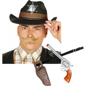 Carnaval verkleed set cowboyhoed Sheriff - zwart - en holster met revolver - volwassenen