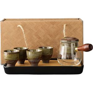 Japanse Thee Set Midori - Gratis zakje Sencha Green Tea - 6 delige set - 4 kopjes - Thee filter - Schenkglas - Verpakt in een Giftbox - Tijdloos design voor thuis of als cadeau - Perfect voor Losse thee.