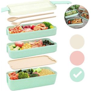 Bento Box Lunchbox Groen met bestek - Eco - Magnetron / Vriezer / Vaatwasser bestendig - Duurzaam en Milieuvriendelijk - Bio 3 lagen mealprep container - 900 ml - 3 kleuren - Beige - Groen - Roze