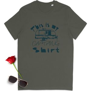 This is my Camping Shirt - Grappig Camping t Shirt - Tshirt met caravan print - t-Shirt vrouwen met tekst - Tshirt voor mannen - Dames en heren t shirt - Unisex maten: S M L XL XXL XXXL - Shirt kleuren: wit, khaki en geel.