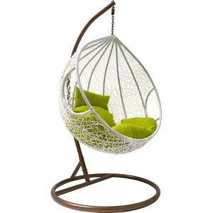 Rijoka Hangstoel Eggy Twisted Schommelstoel – Wit Rattan - Groen Kussen - Bruin Frame - Large - Voor personen 1.90m Max.