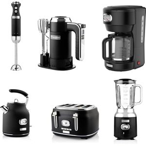 Westinghouse - Retro - Handmixer + Staafmixer + Blender + Waterkoker + Broodrooster 4 Sleuven + Koffiezetapparaat - Zwart