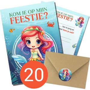 Uitnodiging Kinderfeestje + Enveloppen & Sluitstickers - Voordeelset 20 stuks - Kleine Zeemeermin Uitnodiging verjaardag - Jongen of meisje - Uitnodigingskaarten + Kraft envelop - Verjaardag Feest