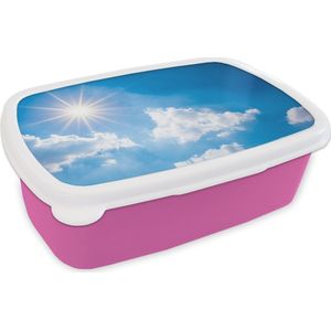 Broodtrommel Roze - Lunchbox - Brooddoos - Zon - Wolken - Zomer - 18x12x6 cm - Kinderen - Meisje