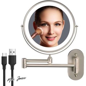 Mrs. Jones Premium Collection Make-upspiegel met Licht - Wandspiegel - 8 inch - 360 Dubbelzijdige Rotatie - 1X/10X Vergroting - Badkamer - 3 Kleuren Touchscreen - Dimbaar - Verlengde Arm