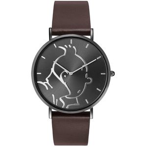 Tintin Horloge - Moulinsart - Met Kuifje opdruk - Zwart met bruin leren band - 43 mm