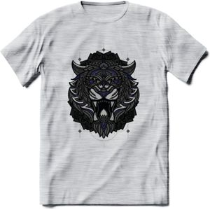 Tijger - Dieren Mandala T-Shirt | Donkerblauw | Grappig Verjaardag Zentangle Dierenkop Cadeau Shirt | Dames - Heren - Unisex | Wildlife Tshirt Kleding Kado | - Licht Grijs - Gemaleerd - XL