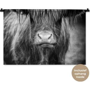 Wandkleed Schotse Hooglanders  - Herkauwende Schotse hooglander in zwart-wit Wandkleed katoen 90x60 cm - Wandtapijt met foto