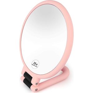 Handspiegel, Dubbelzijdige Make-upspiegel met 1X 15X Vergroting, Professionele Opvouwbare Reisspiegel met Verstelbaar Vouwhandvat(Roze)