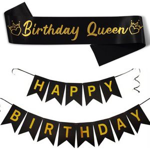 Sjerp en slinger set Happy Birthday Queen zwart met goud - verjaardag - sjerp - birthday queen - sarah - ballon slinger