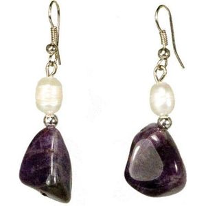 Zoetwater parel oorbellen met edelsteen Pearl Amethyst - oorhanger - echte parels - sterling zilver (925) - amethist - wit - paars