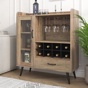 Wijnkast met Glazen Deur en Lade - Multifunctionele Opbergkast voor Wijn en Whisky - Modern Buffet voor Woonkamer en Keuken