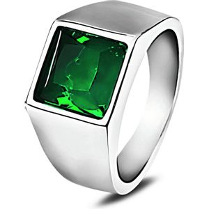 Zegelring Heren Zilver kleurig met Groene Steen - Staal - Ring Ringen - Cadeau voor Man - Mannen Cadeautjes
