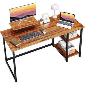 LifeStages® Computerbureau met monitorstandaard, 140 cm, thuiskantoor, bureau met omkeerbare opbergvakken, moderne laptoptafel, pc-gamingtafel voor kleine ruimtes, walnoot