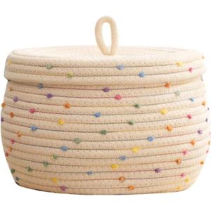 Katoenen Touw Mand - Geweven Opbergdoos - Ronde Kleurrijke Decoratieve Stippen - Grote Capaciteit met Deksel - voor Wasgoed Handdoek Speelgoed Eieren Kleine Items