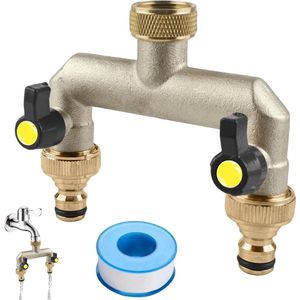 Allecto Plus - 2-weg kraan waterverdeler voor tuinslangen - messing verdeler met kogelkraan - 3/4 inch en 1/2 inch adapters - waterstroom instellen en afsluiten
