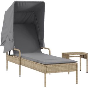 vidaXL Ligbed met luifel en tafel - Beige - Poly rattan Ligbed - Lounge Stoel - Tuinset - Buitendecoratie - Relaxfauteuil