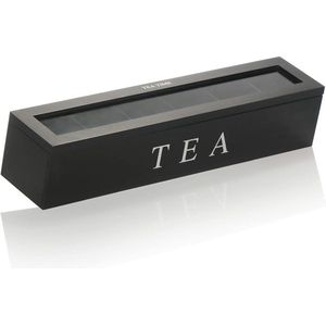Theedoos met 6 vakken voor maximaal 90 theezakjes - zwarte houten opbergdoos voor thee - theezakjesdoos met kijkvenster - theedoos - theeopslag (pak van 01 - 43 x 9 x 8,7 cm, zwart)