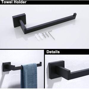 4-Delige Badkamer Accessoire Set Roestvrij Stalen Toiletpapier Houder Handdoek Bar/Houder Gewaad Haak Wandbevestiging, Mat Zwart