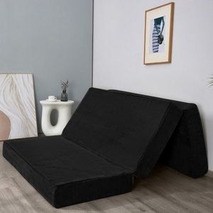 Opvouwbaar Corduroy Matras - Driedelig Logeermatras - 10 cm Dik - Met Wasbare Hoes - Ruimtebesparend Gastmatras - Vouwmatras voor Vloer, Logeerkamer & Camping - Zwart - Tweepersoons