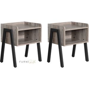 FURNIBELLA - nachtkastje, set van 2, bijzettafel, stapelbaar, sofatafel, met open vak, accentmeubel, metalen poten, industrieel design, greige-zwart LET783B01