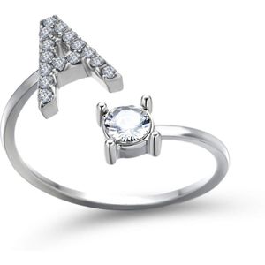 Ring met letter A - Ring met steen - Aanschuifring - Zilver kleurig - Ring Zilver dames - Cadeau voor vriendin - Vrouw - Sieraad meisje - Mooie ring tieners - Alfabet ring A - Ring met initiaal