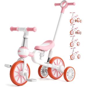 Loopfiets Met Duwstang - Verstelbare Loopfiets - 5in1 Kinderloopfiets - Vierwieler - 1 tot 4 Jaar - Balance Bike - Duwstang Verstelbaar 80 tot 95cm - Roze