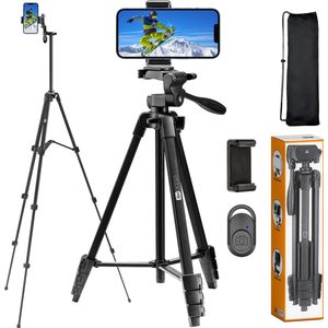 Studio ME 136 cm Telefoon Statief - Zwart - Tripod Smartphone - Selfiestick - Telefoonhouder Standaard - Camera Statief - Incl. Bluetooth Afstandsbediening - Statief Telefoon