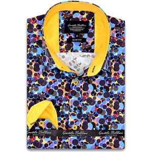 Heren Overhemd - Slim Fit - Flower Artwork  Satijn - Blauw - Maat S
