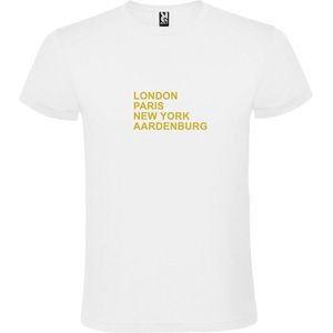 Wit T-Shirt met “ LONDON, PARIS, NEW YORK, AARDENBURG “ Afbeelding Goud Size XXXXXL