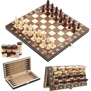 Magnetische Houten Schaakset 3-in-1 | Hoogwaardig Opvouwbaar Schaakbordspel voor Kinderen | Ideaal voor Reizen