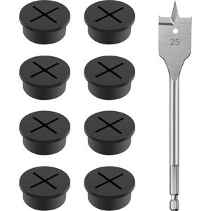 Kabeldoorvoer voor tafel, 8 stuks, flexibele siliconen kabeldoorvoer, 25 mm, kabeldoorvoer voor bureau, computertafel, werkbladen, zwart, met 1 boor