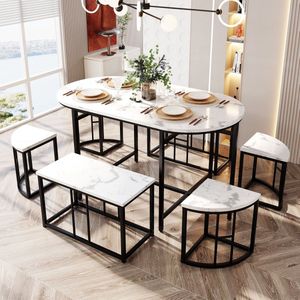 Set tafel en stoelen - eettafel met 4 kleine krukjes en 2 grote krukjes - keuken eettafelset met verguld ijzeren onderstel - MDF zitting - wit en zwart - draagvermogen 120 kg