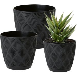 Form Plastic Plantenpot set New Age - 3x stuks - kunststof - zwart - met schotel