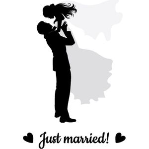 LBM raamsticker trouwen - Echtpaar met tekst just married - Zwart