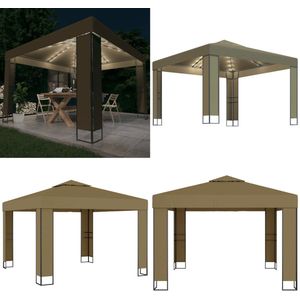 vidaXL Prieel met dubbel dak en LED-lichtslinger 3x3x2,7 m taupe - Prieel Met Lichtslinger - Prieeëlen Met Lichtslingers - Luifel - Luifels